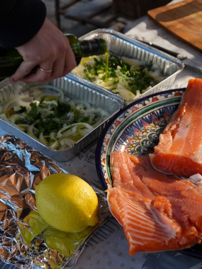 Preparing fresh salmon and lemon for outdoor barbecue with herbs and seasoning.